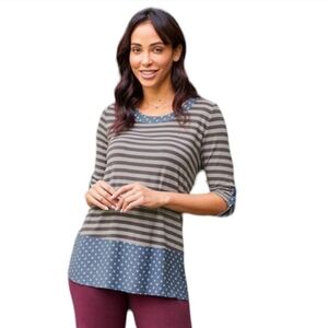 Matilda Jane Womens sz Large Top Gray Striped Blue Polka Dot 3/4 Sleeve